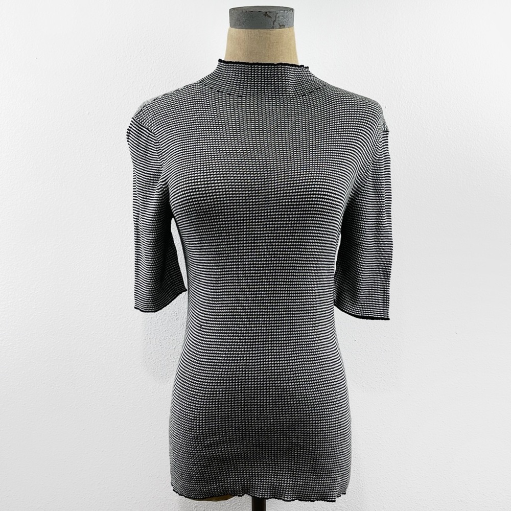 Margaret O’Leary Mock Neck Knot Top Bodycon Short Sleeve Black/White Med…